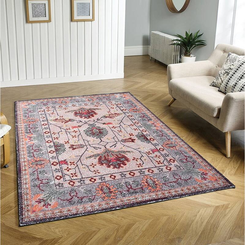 Hand Woven Victoria Micro Printed Polyester Traditional Oriental Area Rug - 5' x 8' - Peach