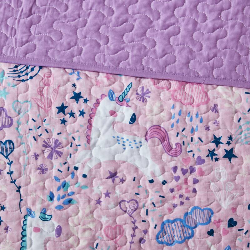 Intelligent Design Kids Ella Unicorn Reversible Cotton Quilt Set with Throw Pillows