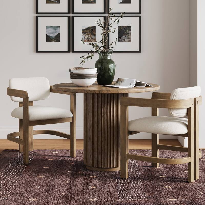 Veya Modern Boucle Dining Chair with Curved Back, Full Armrests, and Solid Wood Legs - Set of 2