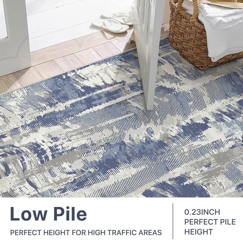 Mcow Textural Wash Collection Abstract Low-Pile Machine-Washable Area Rug - Blue - 2' x 10' - Runner