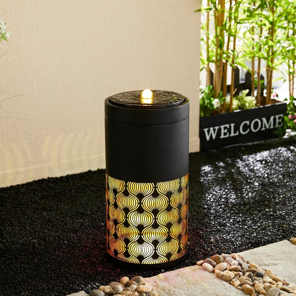 Glitzhome 24"H/35"H Metal Modern Cutout Pattern Outdoor Floor Fountains with Laser Lighting