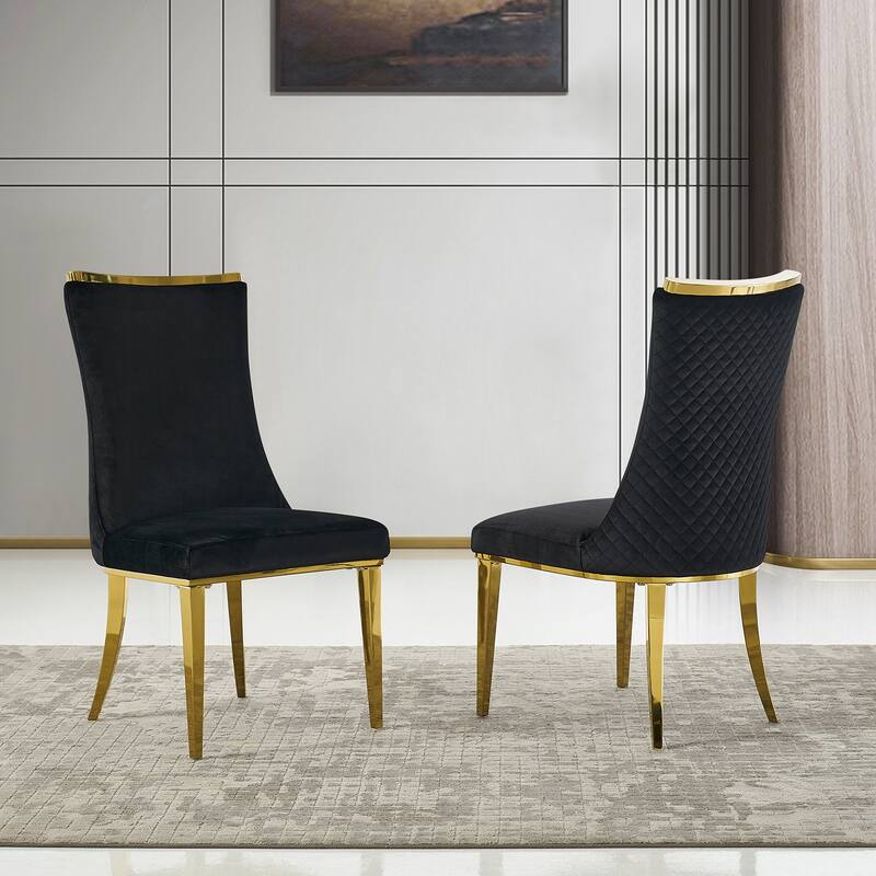 Velvet Dining Room Chairs with Reticulate Texture Back and Metal Trim Top - Black
