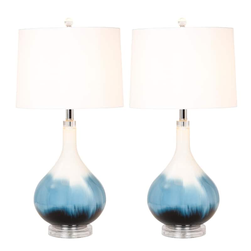 Lux Lighting Ombre 28" Stunning Blue Tone Glass Table Lamps with Linen Shade (Set of 2) 3-Way Switch