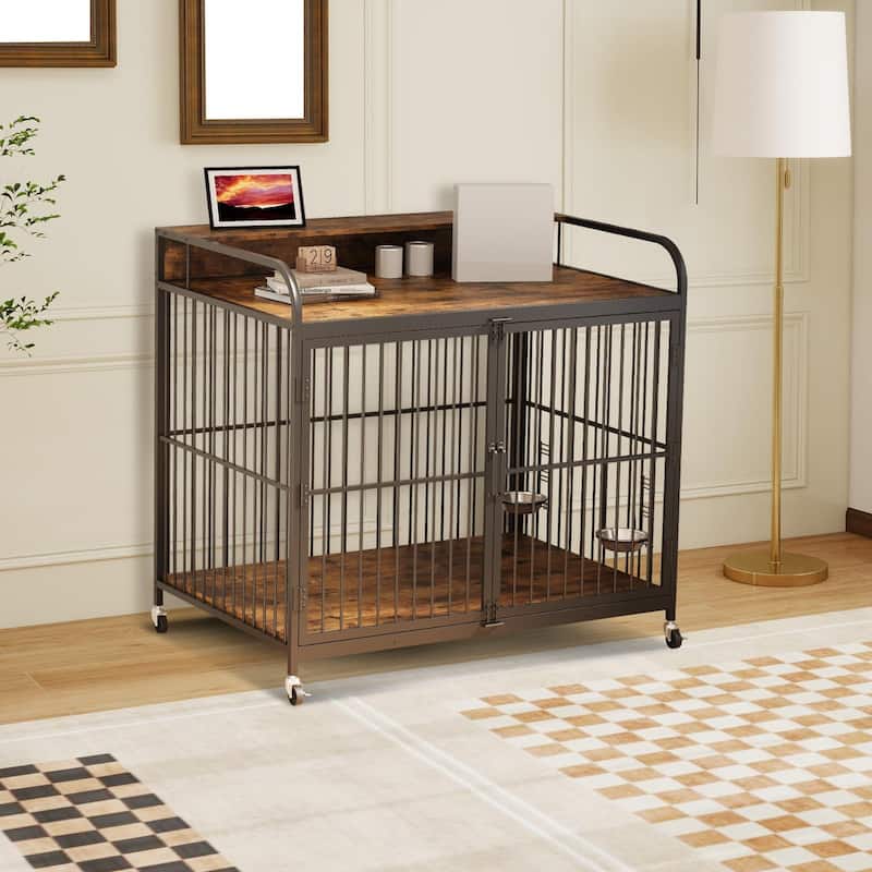 Dog Crate with Wheels, Adjustable Feeder, Storage Shelf, Table Top