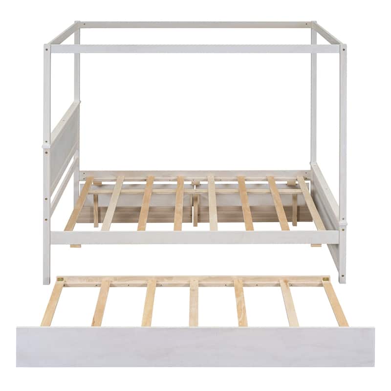Wood Full Size Canopy Platform Bed with Trundle Bed and Two Drawers