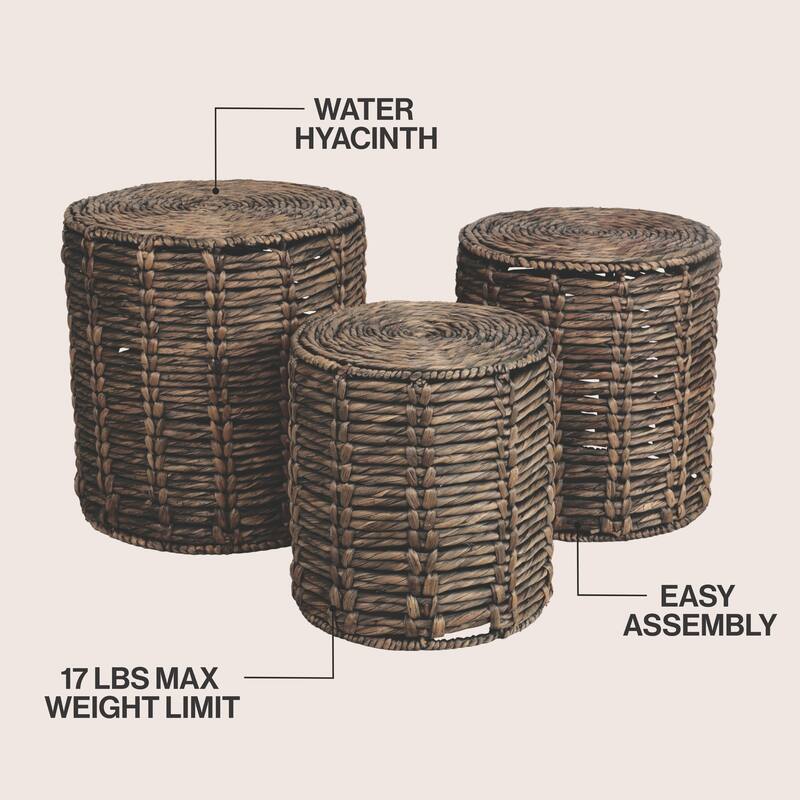 JONATHAN Y Zaria 18" Coastal Bohemian Handwoven Water Hyacinth Nesting Round Accent Table (Set 3)