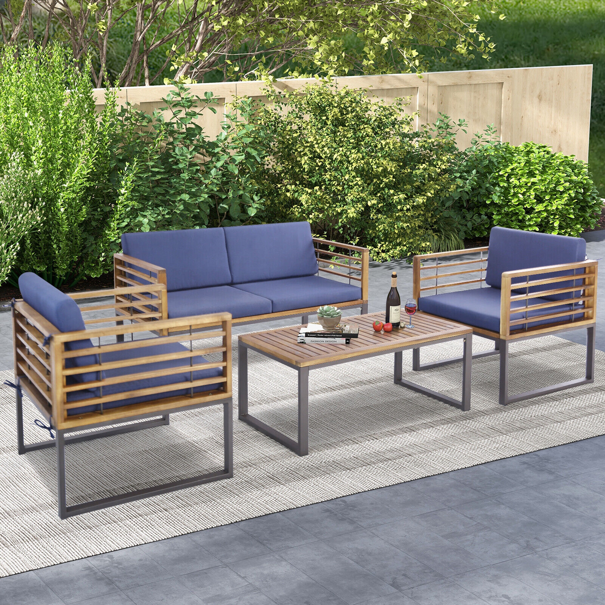 Gymax 4PCS Acacia Wood Patio Conversation Set Outdoor