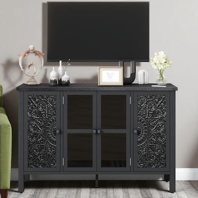 47.2" Retro TV Stand for TVs up to 43", Entertainment Center with 3 Cabinets, Glass Door, Adjustable Shelves, Anti-Tip