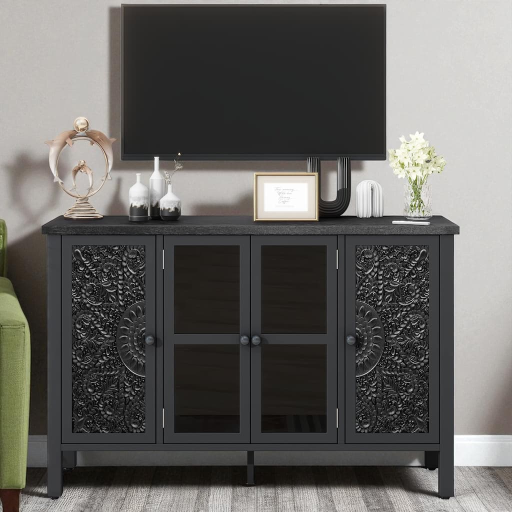 47.2" Retro TV Stand for TVs up to 43", Entertainment Center with 3 Cabinets, Glass Door, Adjustable Shelves, Anti-Tip