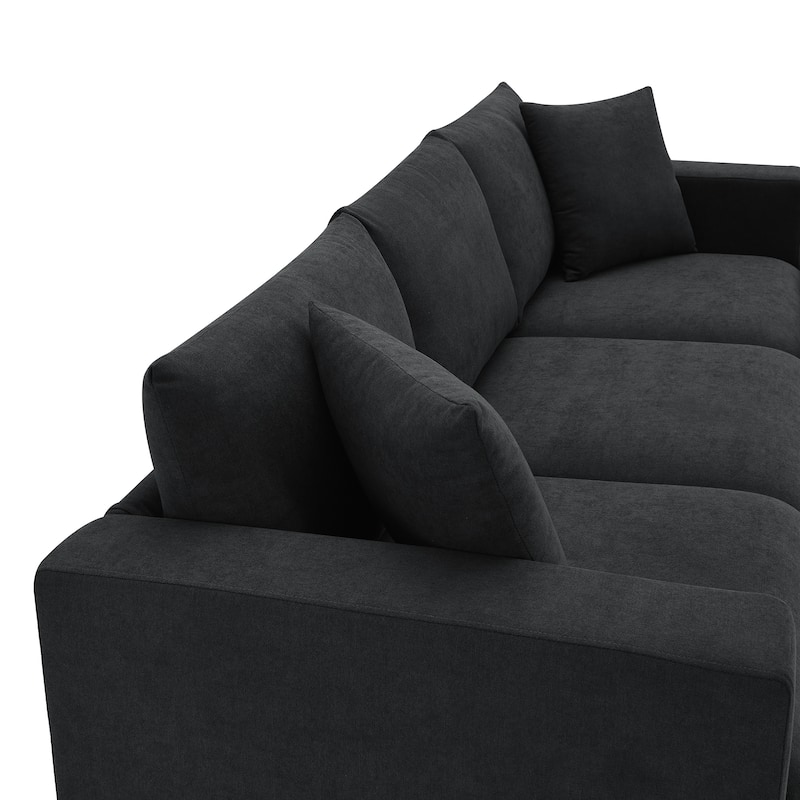 Black 100.4'' Polyester L-Shaped 4-Seat Sectional Sofa Couch with Convertible Ottoman and 2 Decorative Pillows