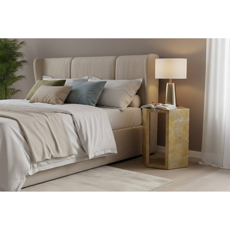 Roomfitters Luxury Natural Marble Hexagon Side Table, Solid Stone Geometric Pedestal End Table, Polished Finish