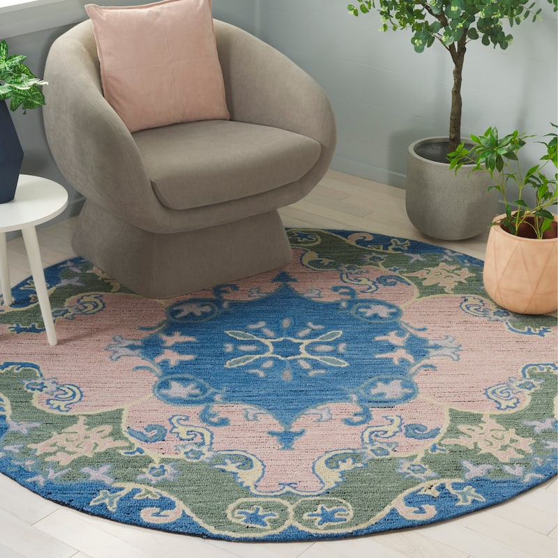 SAFAVIEH Handmade Savonnerie Axelle Traditional Wool Rug - 6' Round - Blue/Pink