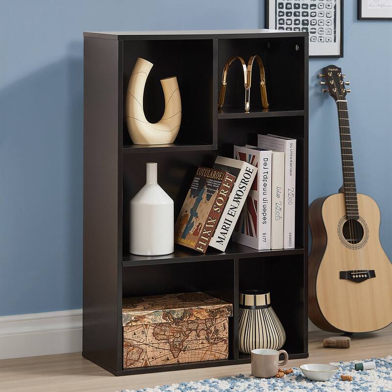 VECELO Widened Version, 3-Tier Five Open Cube Wooden Bookcase Organizer, Bookshelf, Book Storage - Black