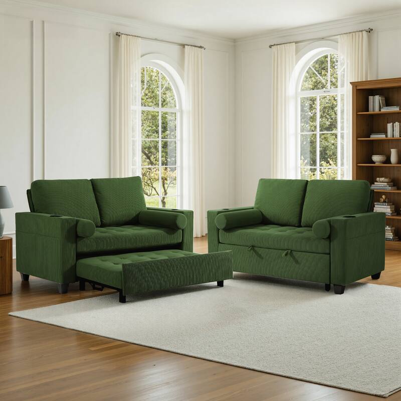 2 Set Corduroy Convertible Sleeper Sofa Bed Loveseats with Cup Holder, USB Ports