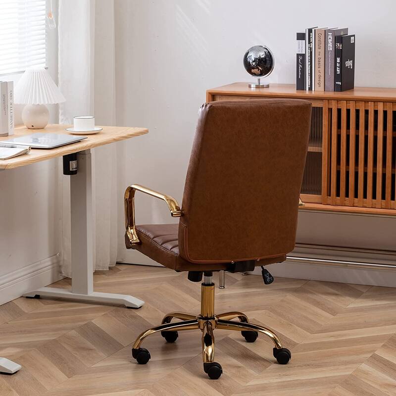 Brown Vintage Adjustable Home Office Faux Leather Golden Arms Executive Chair High Back Manager Desk Armchair