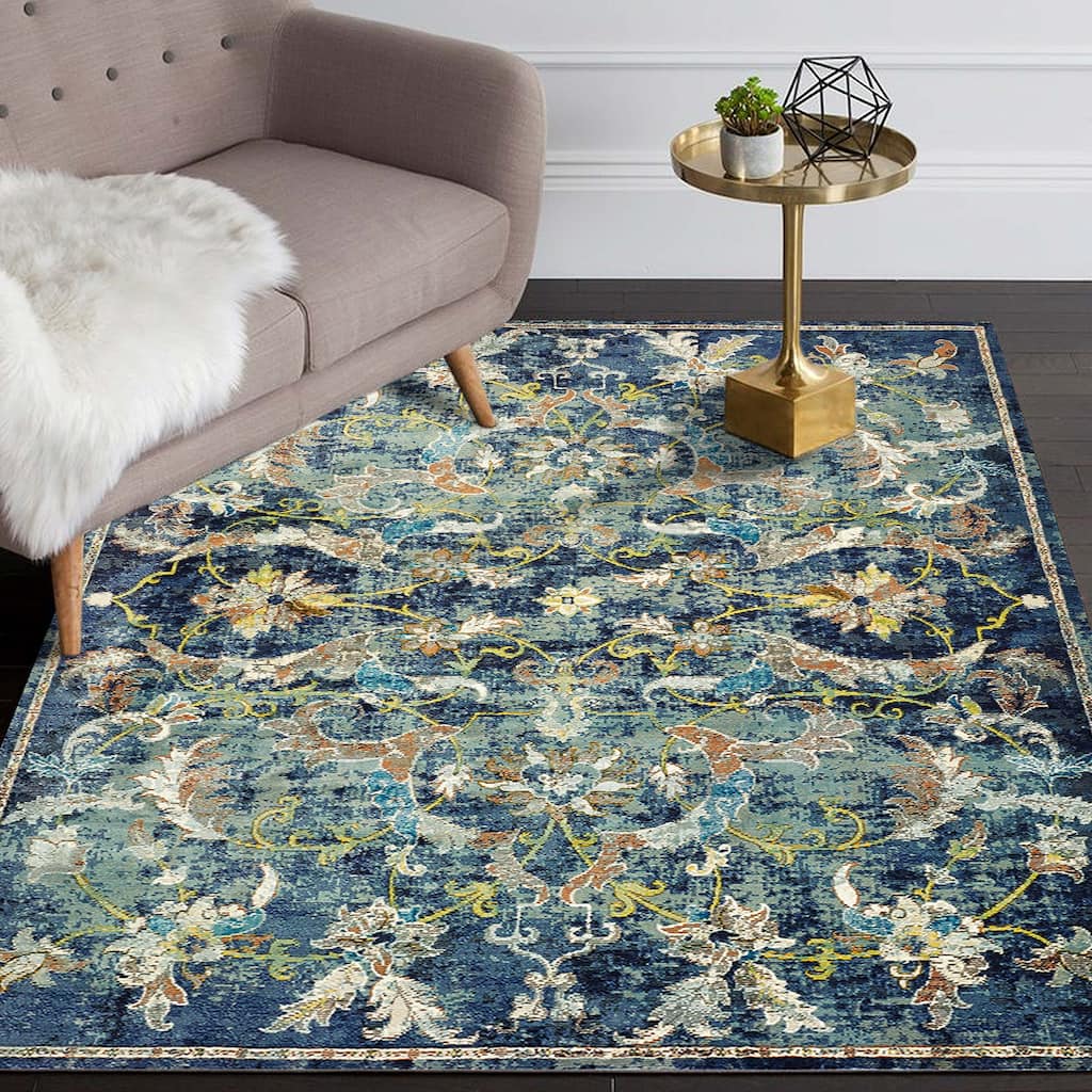 Sevita Gaia Farmhouse Floral Navy Blue Performance Indoor Area Rug