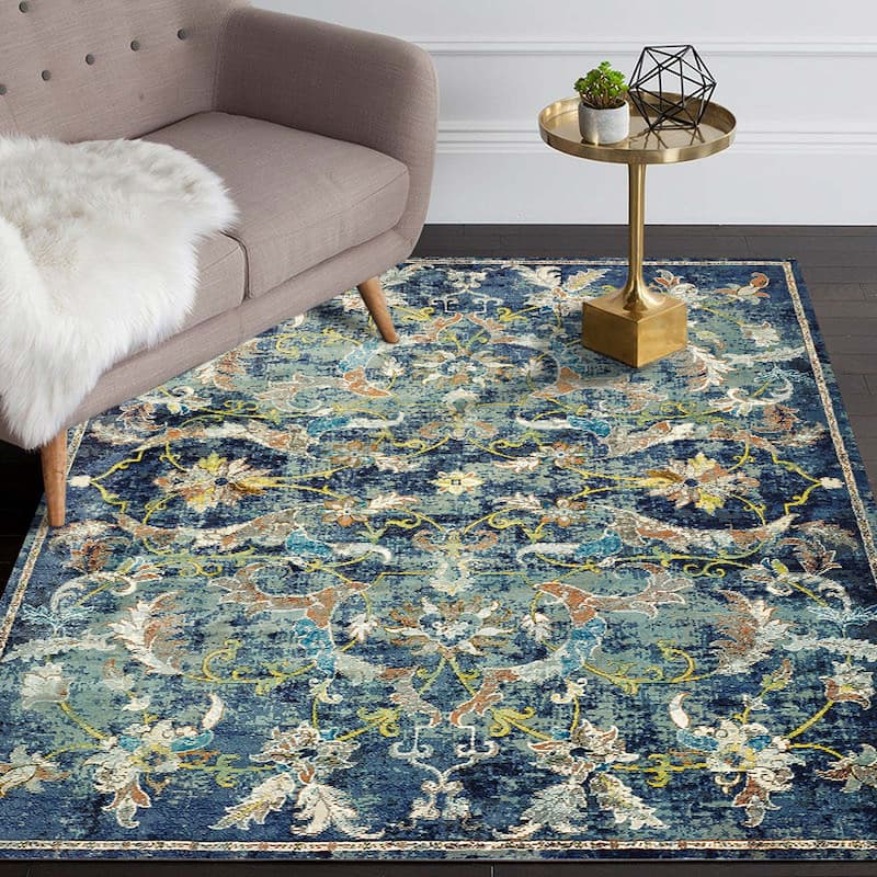 Sevita Gaia Farmhouse Floral Navy Blue Performance Indoor Area Rug - 8'9" x 11'9"