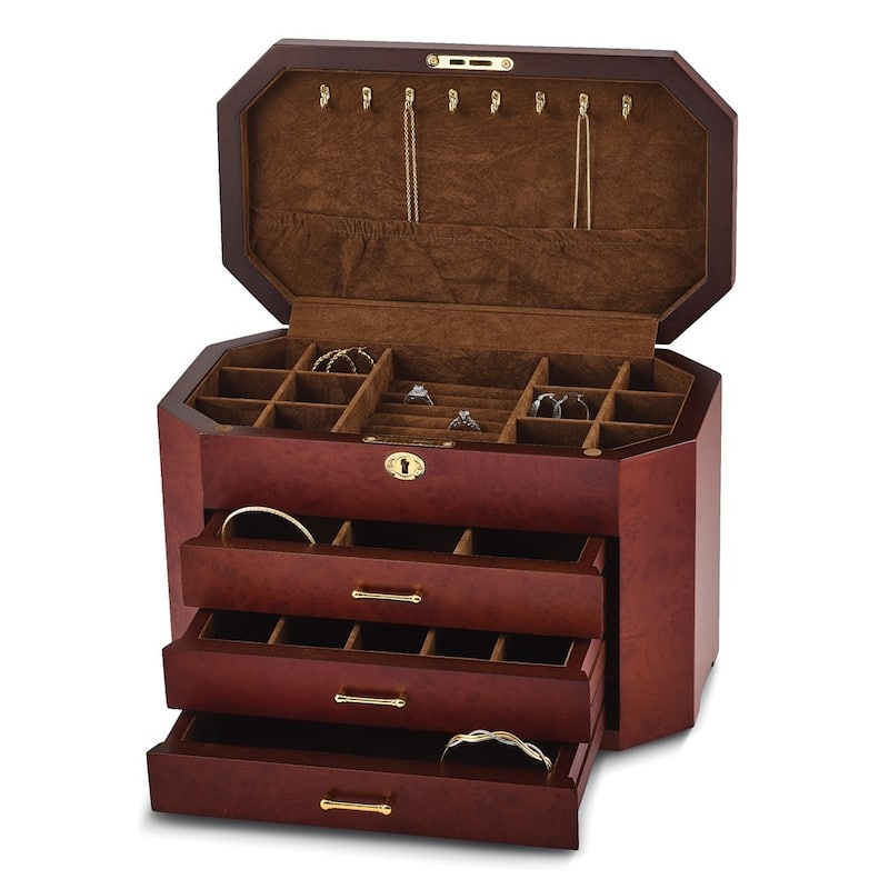 Curata Luxury Giftware High Gloss Burlwood Veneer with Black Accents 3-Drawer Locking Wooden Jewelry Box