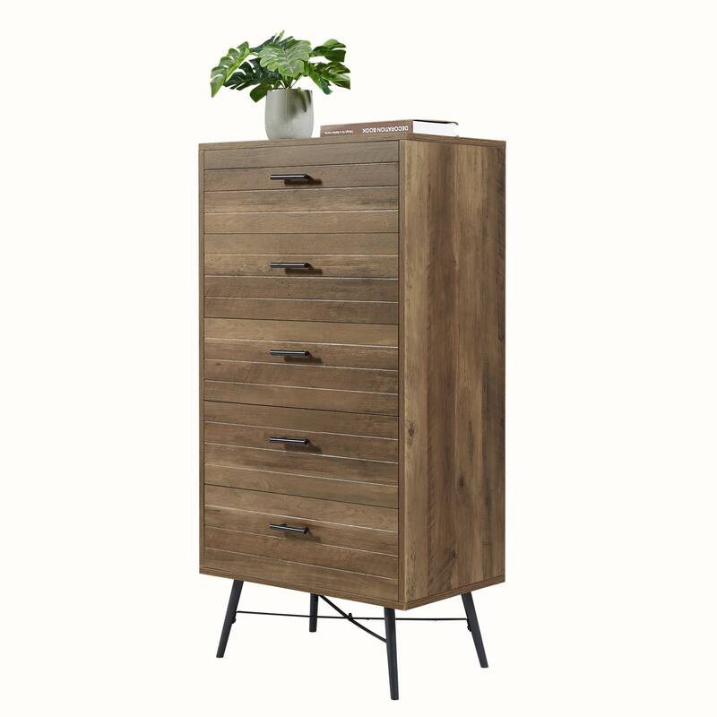 Stylish Spacious Dressing Drawer Storage Wardrobe with 5 Drawers, for Bedroom Hallway, Rustic Walnut