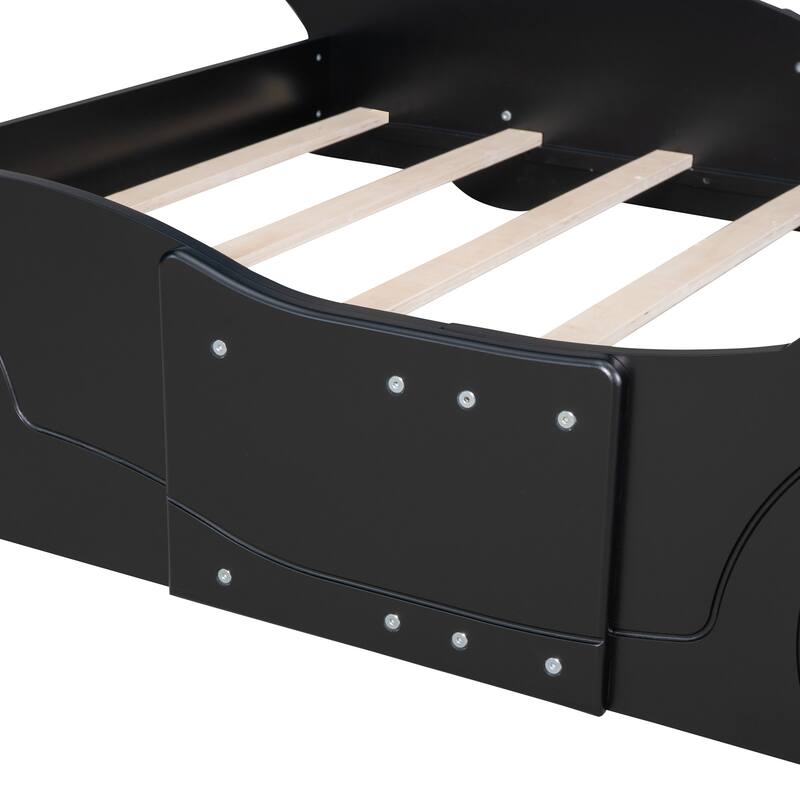 Classic Race Car-Shaped Kids Bed with 4 Wheels, Car Shaped Solid Pine Platform Bed Frame
