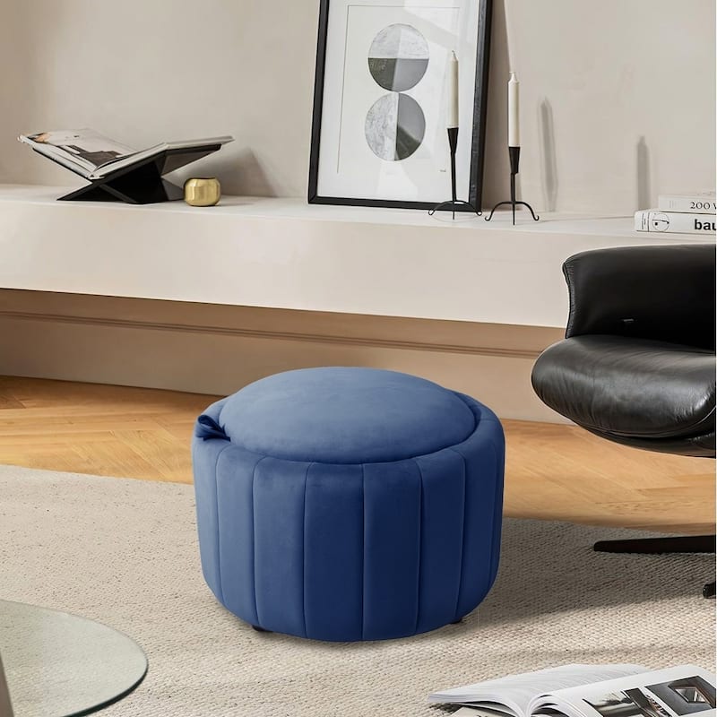29" Modern Velvet Round Storage Ottoman - Blue