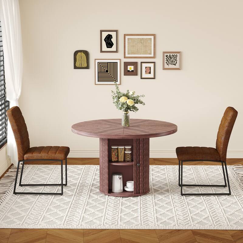 2 Piece PU Padded Dining Chair Set with Round Roman Column Table, Storage Included,Suitable for Restaurants - Walnut