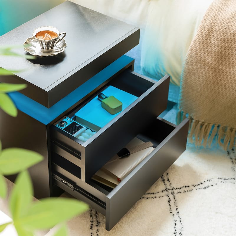 GDF Studio - Avalon Modern LED Nightstand with Dual Drawers and Open Storage Shelf