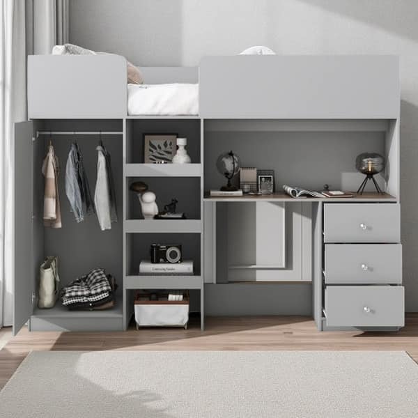 slide 2 of 25, Full Size Loft Bed with Desk, Wardrobe, Drawers & Shelves, Wood Frame with Built-In Storage and Study Area Grey