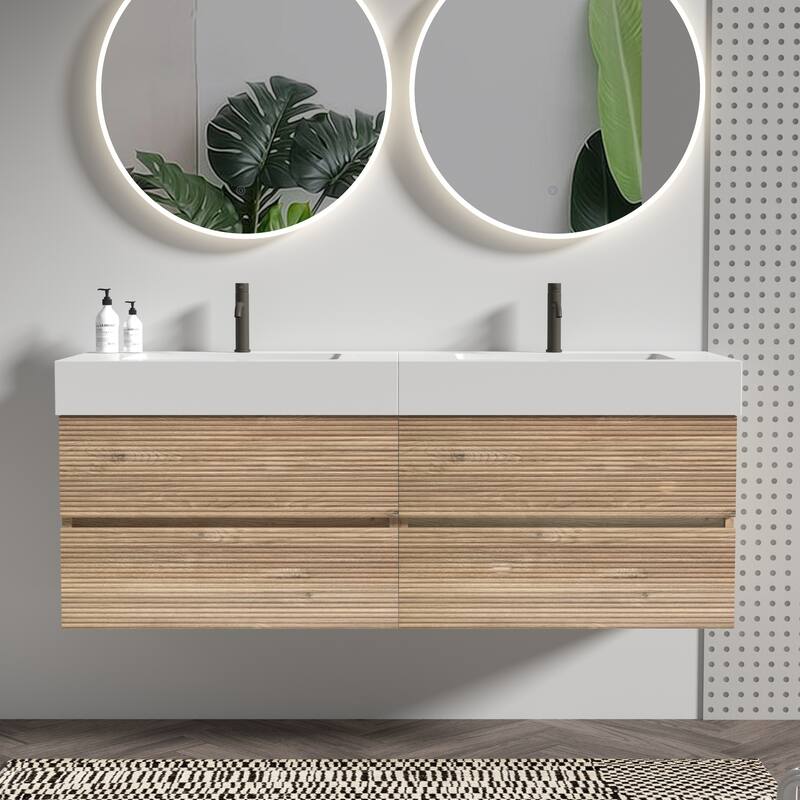 GDFStudio - Grace Wall-Mounted Bathroom Vanity with Engineered Quartz Sink & Soft Close Drawers, without Drainage and Faucet - 60" - Oak+White