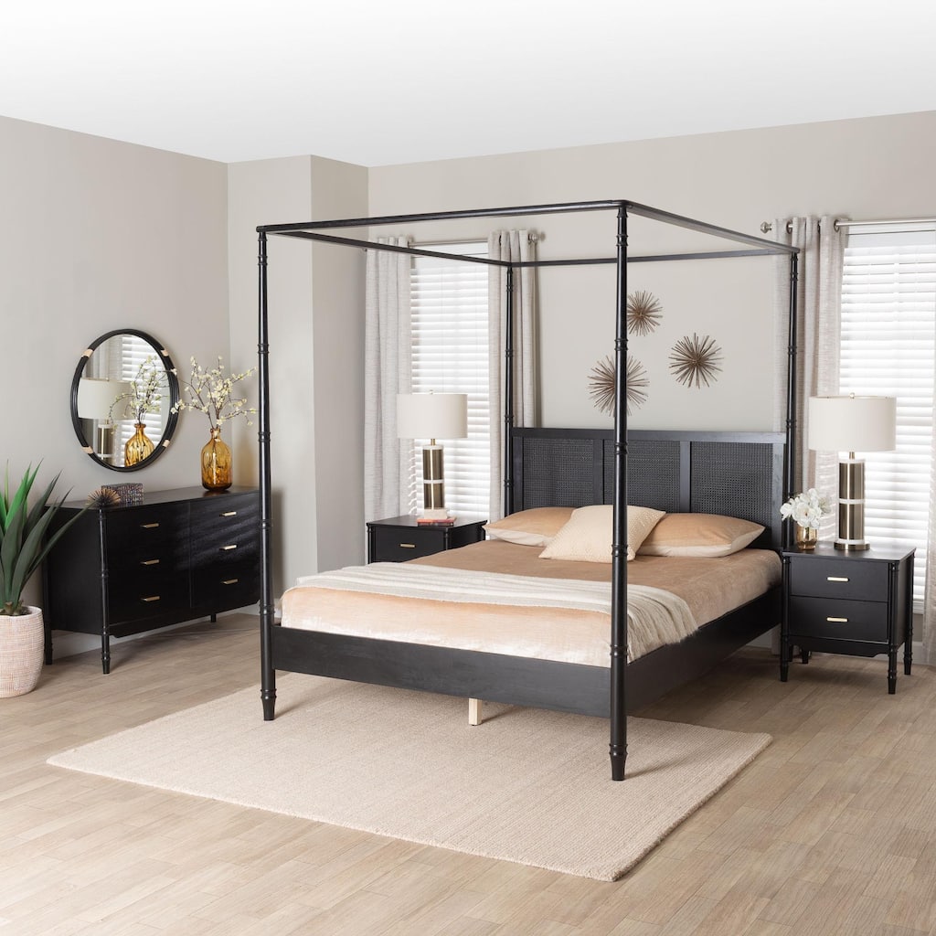 Marisela 4-Piece Black Bedroom Set - Canopy Bed with Synthetic Rattan Headboard, Matching Dresser and Two Nightstands