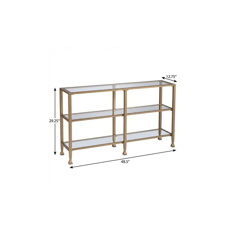 HomeRoots 49" Clear and Gold Glass Floor Shelf Console Table With Storage - 48.50 in. x 29.25 in. x 12.75 in.