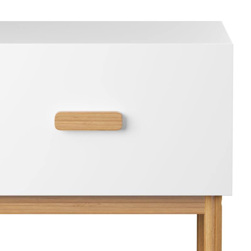 Modern White Nightstand with Drawer and Wood Legs, Minimalist Bedside Table with Handle for Bedroom, Living Room, Apartment