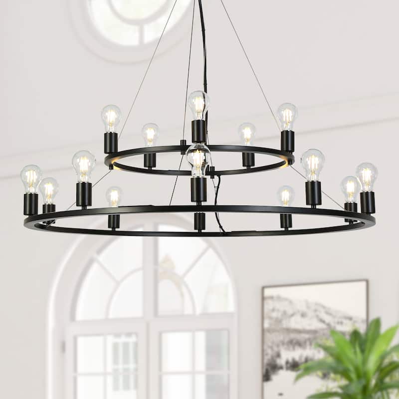 Oriea Farmhouse Black 15-Light Wheel Chandelier 39.4 IN. Modern Industrial 2-Tier Classic Candle Lights - D 39.4" x H 10.2"