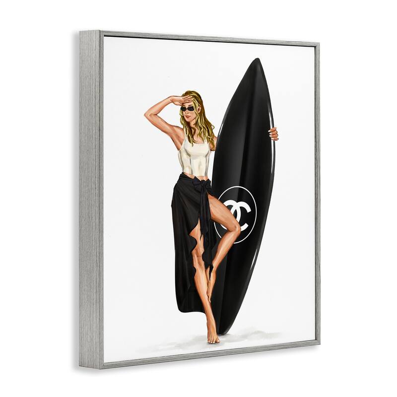 Stupell Trendy Surfer Girl in Black Framed Giclee Art Design By Ziwei Li