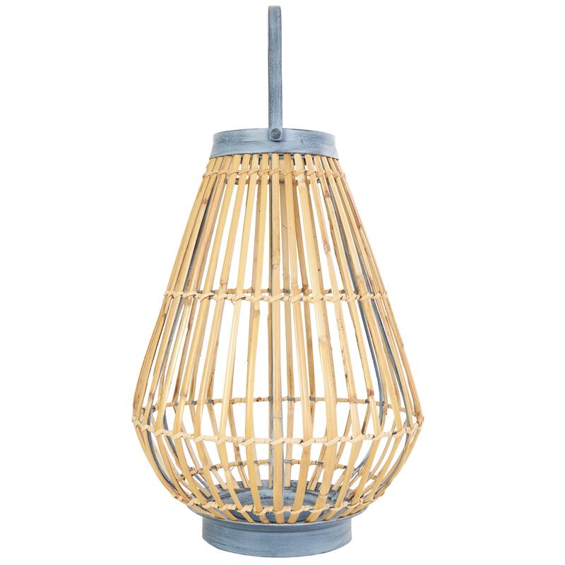 Brown Bamboo Wood Handmade Open Framed Indoor Outdoor Candle Lantern with Blue Metal Accents and Handle
