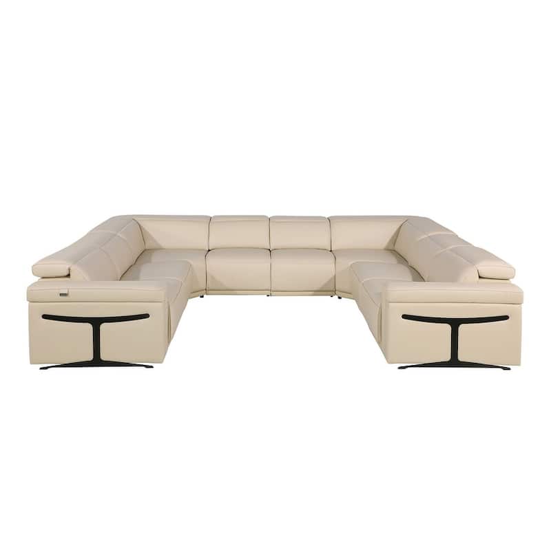 HomeRoots Beige Italian Leather Power Reclining U Shaped Eight Piece Corner Sectional With Console