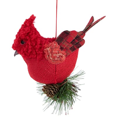 13" Red and Green Plaid Cardinal on Holly Berries Christmas Ornament