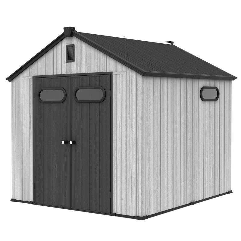 VredHom 8X8/8X10/8X12 FT All-Weather Outdoor Resin Storage Shed with Windows Floor for Patio Furniture and Tools - 8X8FT - LightGrey