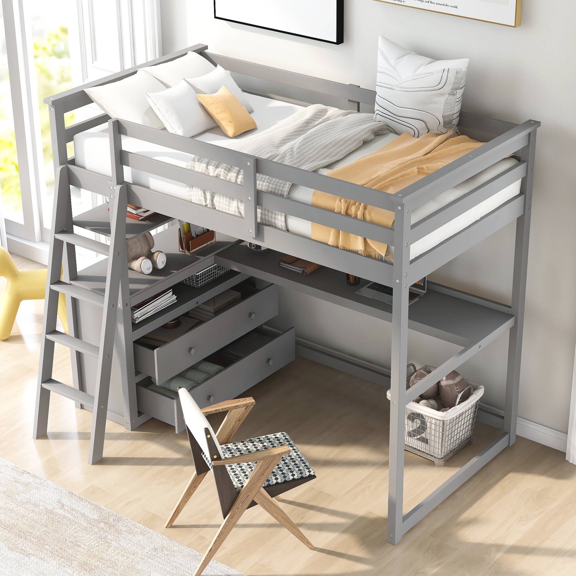 Twin Size Loft Bed Storage Bed with Desk and Shelves,Two 193271072170
