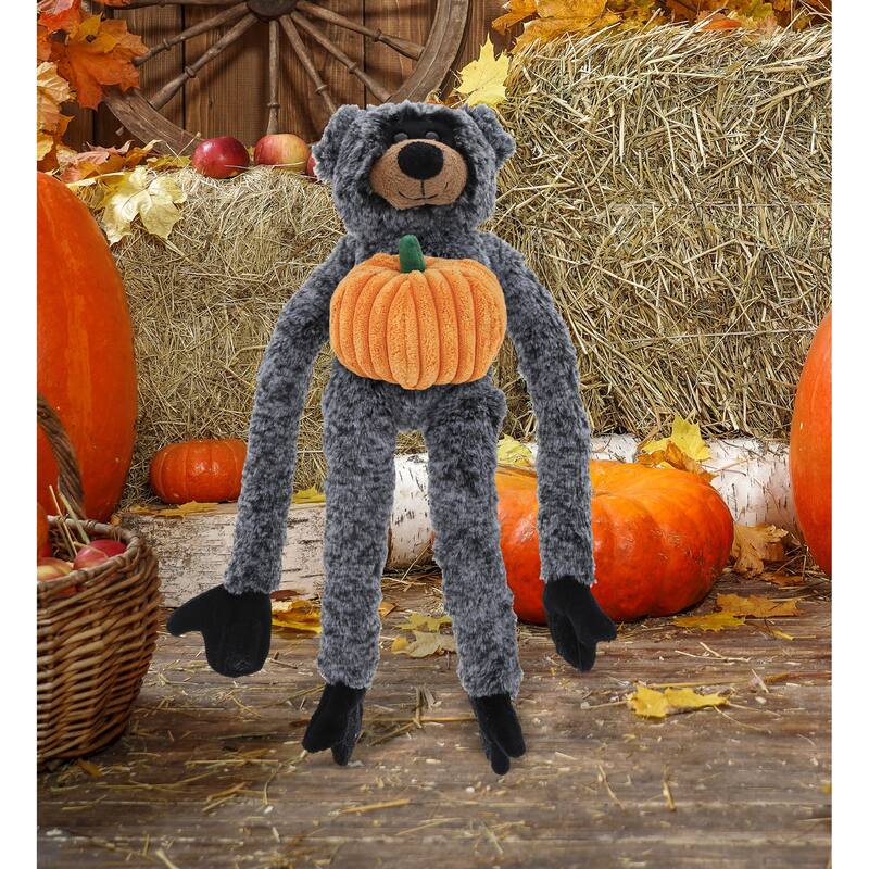 DolliBu Soft Long Arms Black Bear Stuffed Animal with Pumpkin Decor - 21 inches
