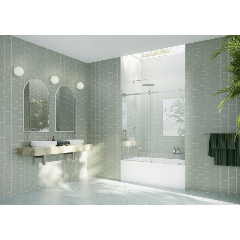 Glass Warehouse 52 in. - 56 in. x 60in. Frameless Bath Tub Sliding Shower Door with Square Hardware - Brushed Nickel