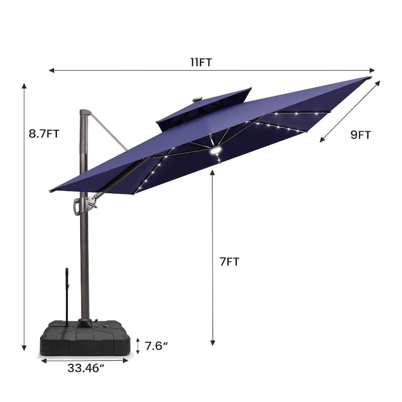 Pellebant 9x11 FT Outdoor Patio Double Top Cantilever Umbrella Solar LED Lighted with Rod Base