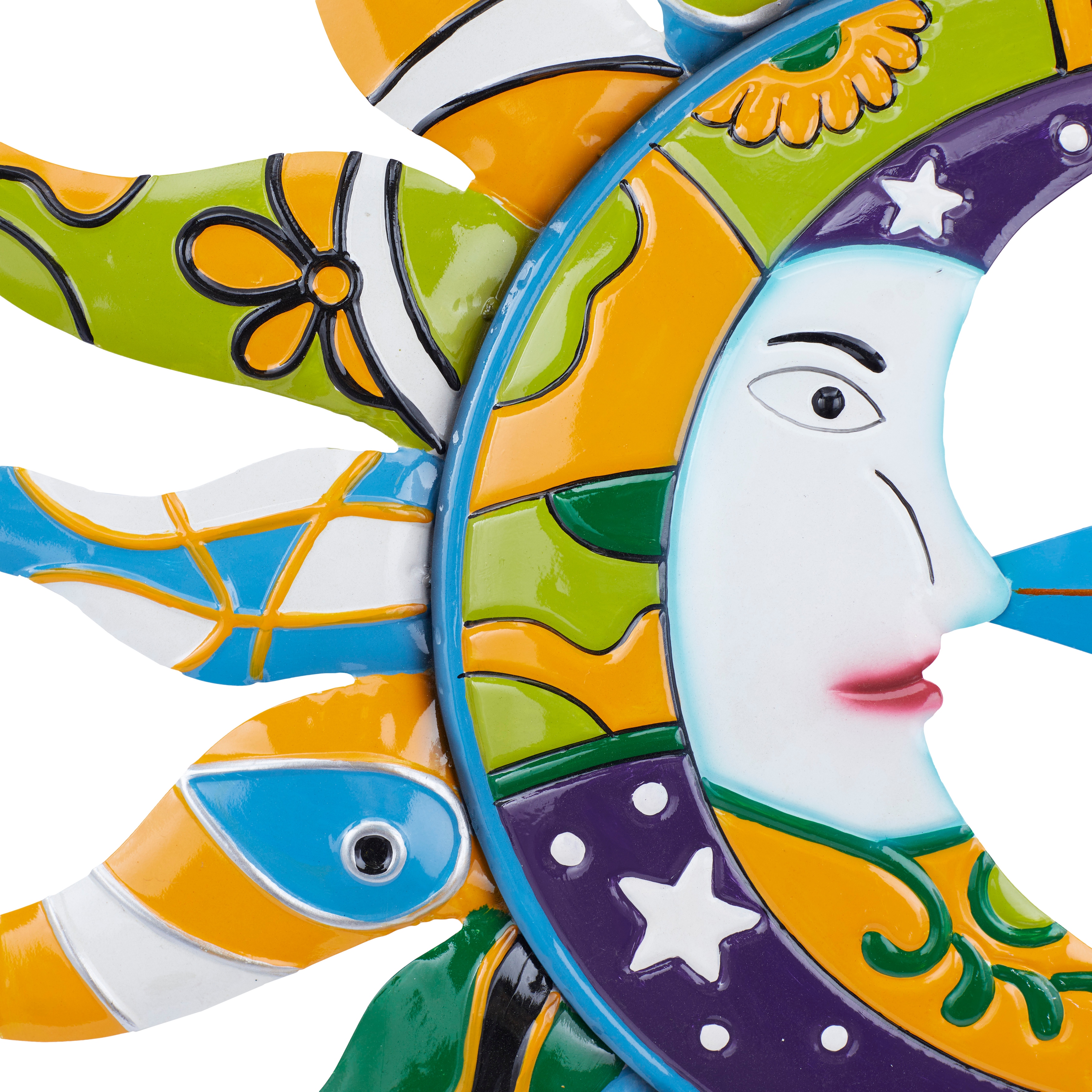 Multi Color Metal Eclectic Whimsical Celestial Sun Art Wall Sculpture