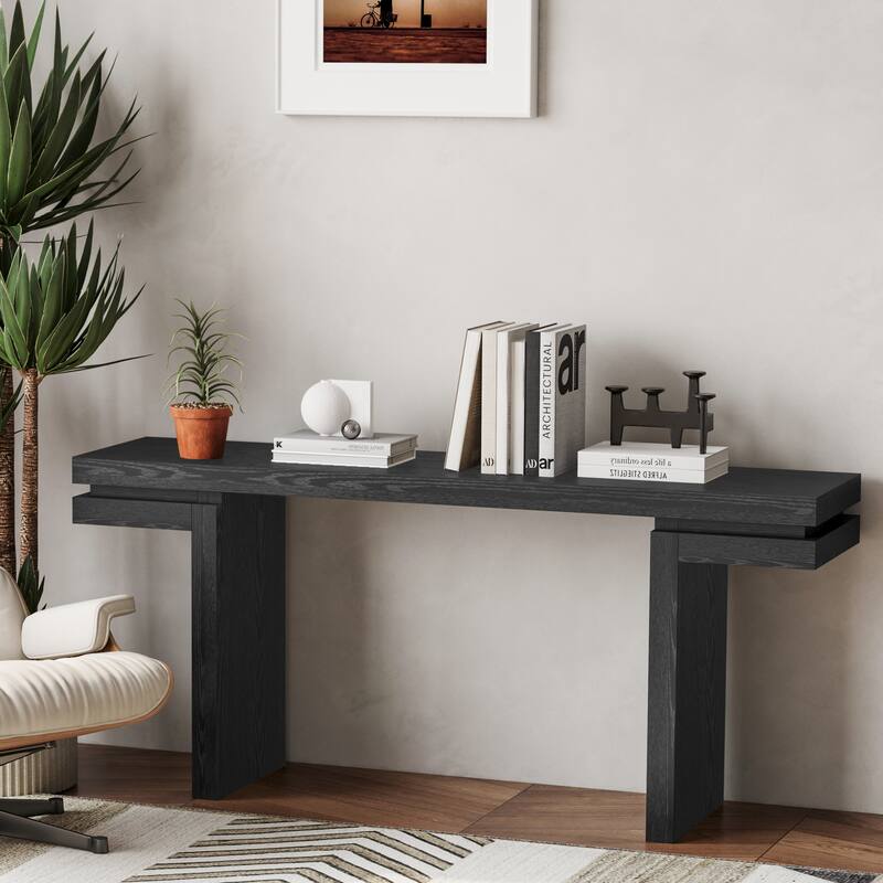 66 inch Extra Wide Real Wood Veneered Console Table Minimalist Sofa Table Distressed Oak Entryway