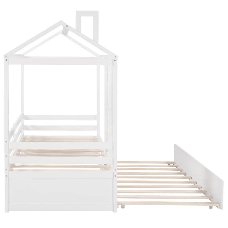 Twin House Bed with Twin Trundle, Wooden Bed for Kids with Guardrails, Playhouse Design, Easy Assembly