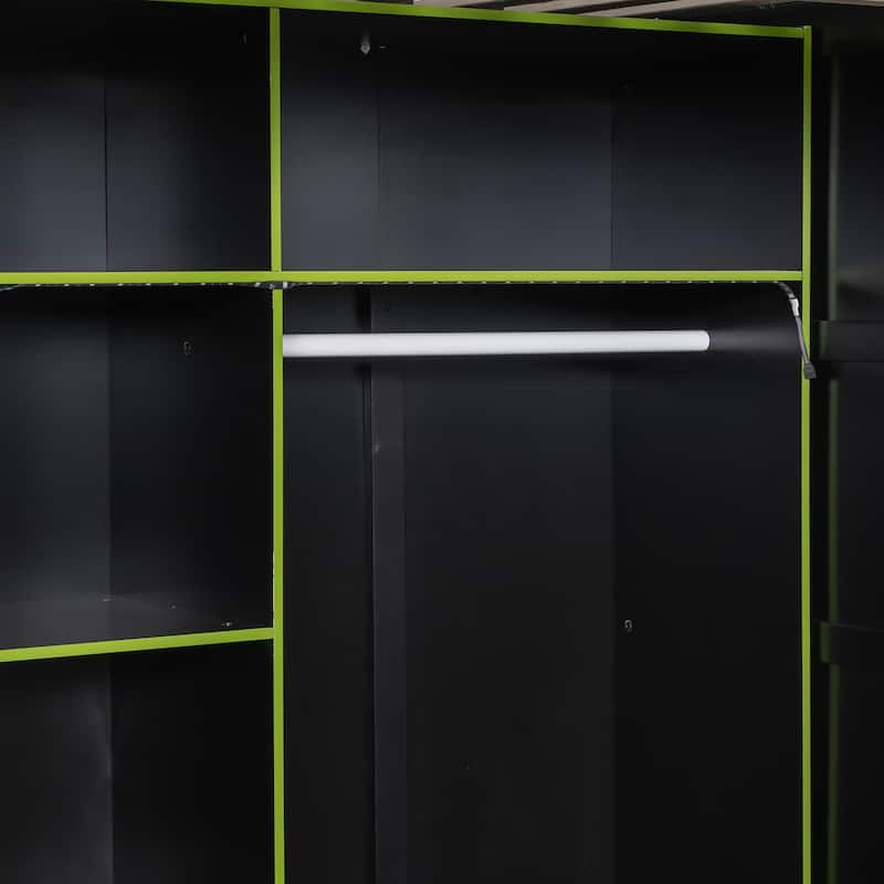 Full Size Wood Loft Bed with Desk,Open Wardrobe,Storage Compartments and RGB Lights