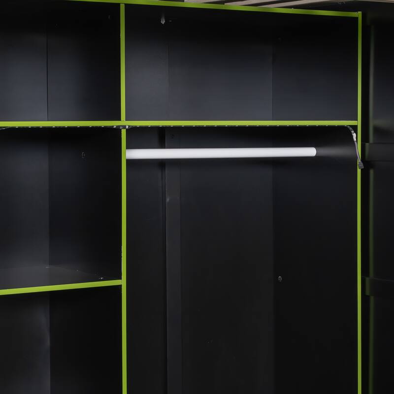 Wooden Storage Loft Bed with Shelves and Wardrobe, Full Size LED Loftbed Frame with Built In Desk