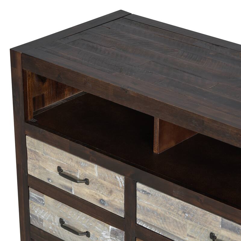 64" Distressed Wood TV Stand, 6 Drawer Storage & 3 Shelves, Cable Management - Farmhouse Style