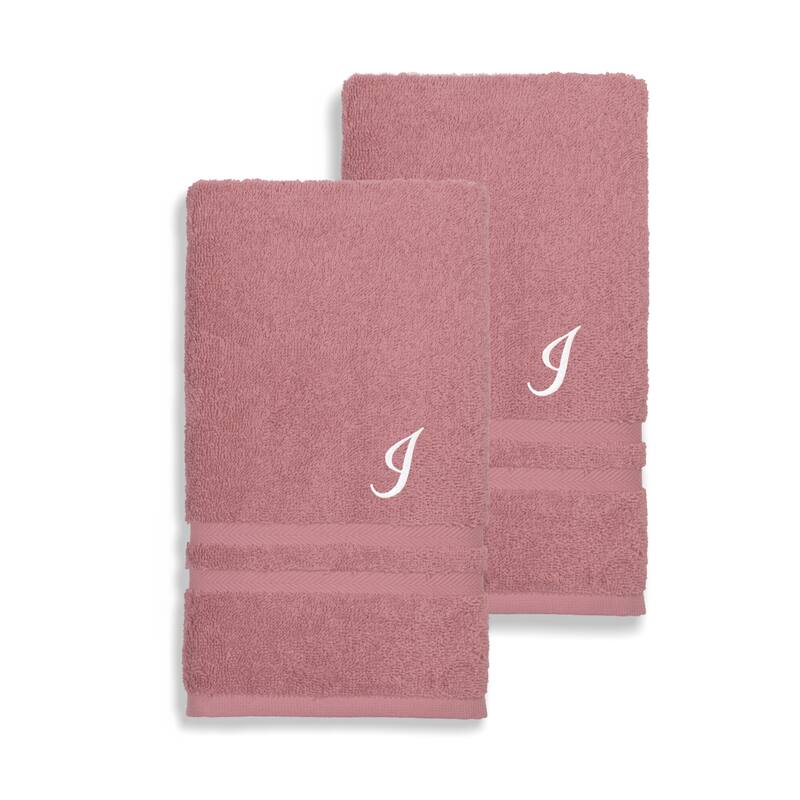 Authentic Hotel and Spa Omni Turkish Cotton Terry Set of 2 Tea Rose Hand Towels with White Script Monogrammed Initial - Pink/I
