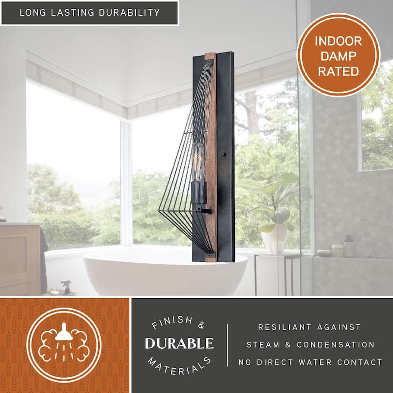 Dearborn 1 Light Black Oak Geometric Wire Cage Flush Wall Sconce - 4.5-in W x 21.5-in H x 8-in D